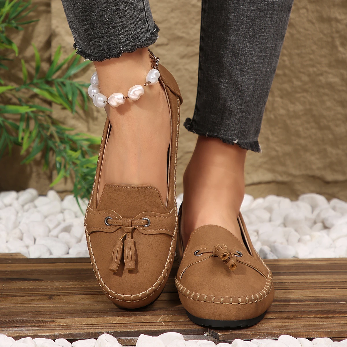 Damen-Loafer mit Quasten, runde Zehenpartie, Slip-On, flache Schuhe, Wildleder-Optik, weiche Sohle, lässige Damen-Mokassins für den Alltag. – Detail 16
