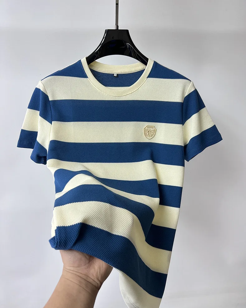 2024 High end brand fashion badge printed short sleeve T-shirt men summer trend striped round neck T-shirt casual breathable top