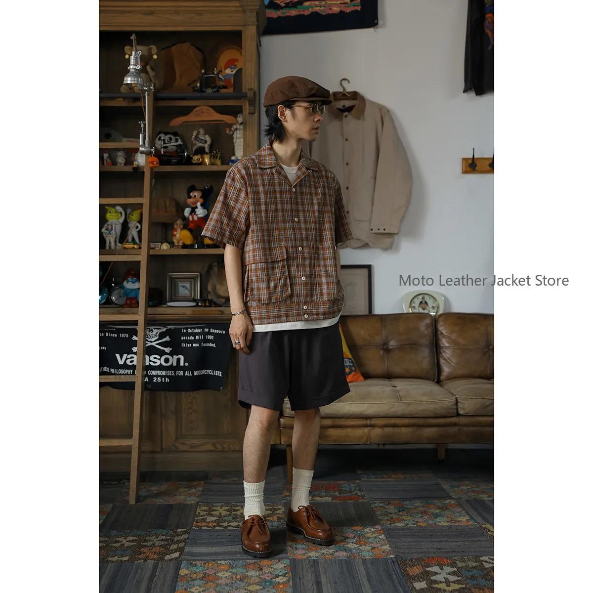 Secondorder SS23 Open Collar Shirt Retro Seersucker Plaid Open Collar Short Sleeve Shirt