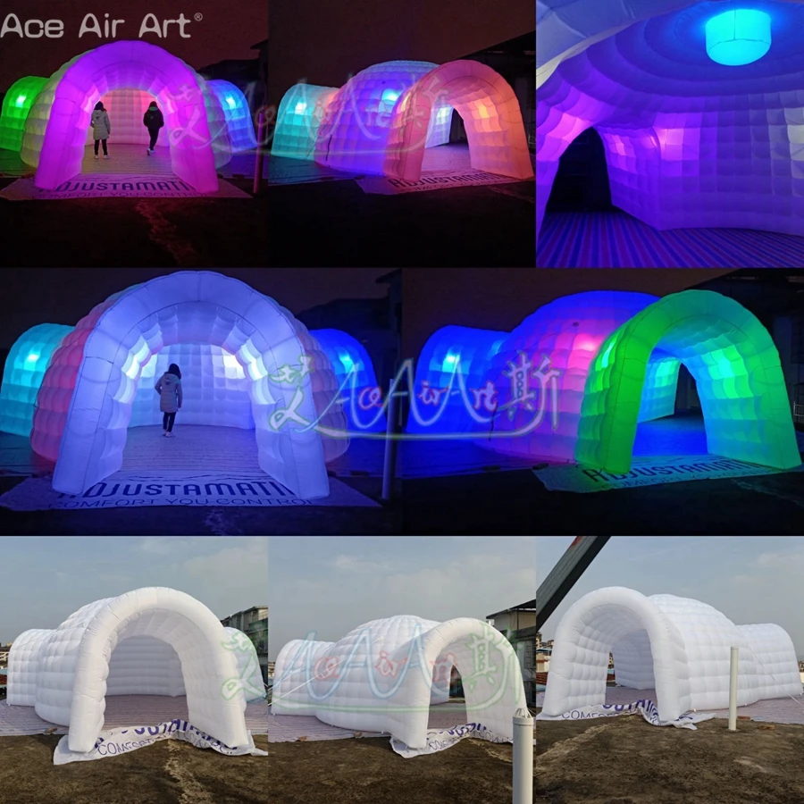 5m Dia Beautiful LED Inflatable Igloo Dome Marquee Outdoor Icegloo House Tent 4 Doors Removable Curtain for Events/Rooftop