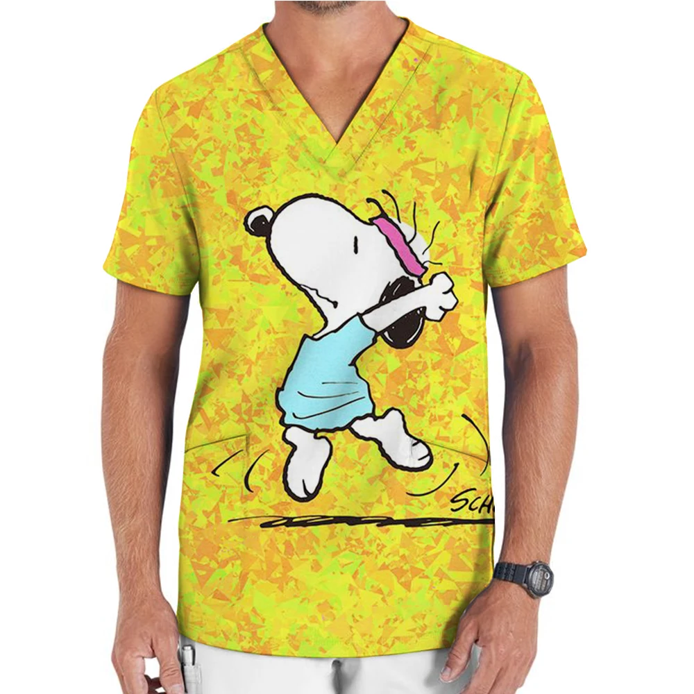 Anesthesiologist surgical gown short sleeved frosted men's V-neck pharmacy gown dentist Snoopy print hospital doctor nurse work