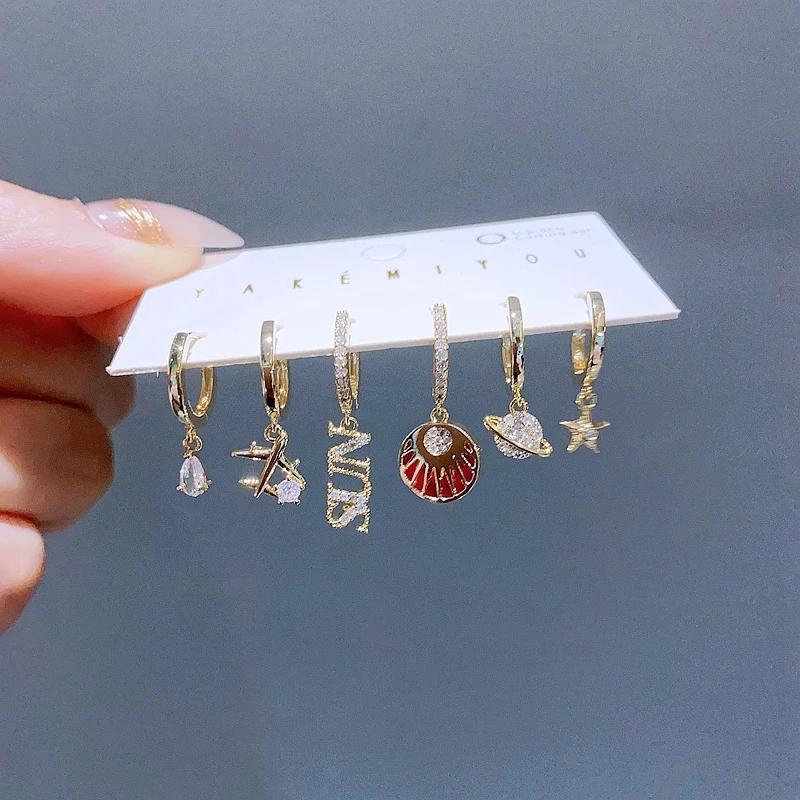 New Mixed Design Plane Saturn Star Dangle Earrings Set for Women Cubic Zirconia Huggies Jewelry