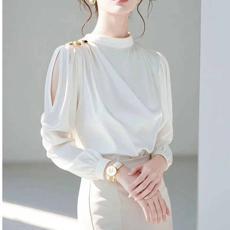 Elegant Hollow Out White Blouse Spring Autumn New Long Sleeve Solid Button Patchwork Fashion Blouse Temperament Women Clothing