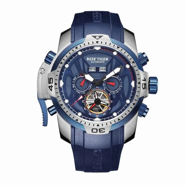 Reef Tiger Men Automatic Watch Mechanical Wristwatch 50M Waterproof Lume Sapphire Multi-Dial Month Week Date Skeleton Dial