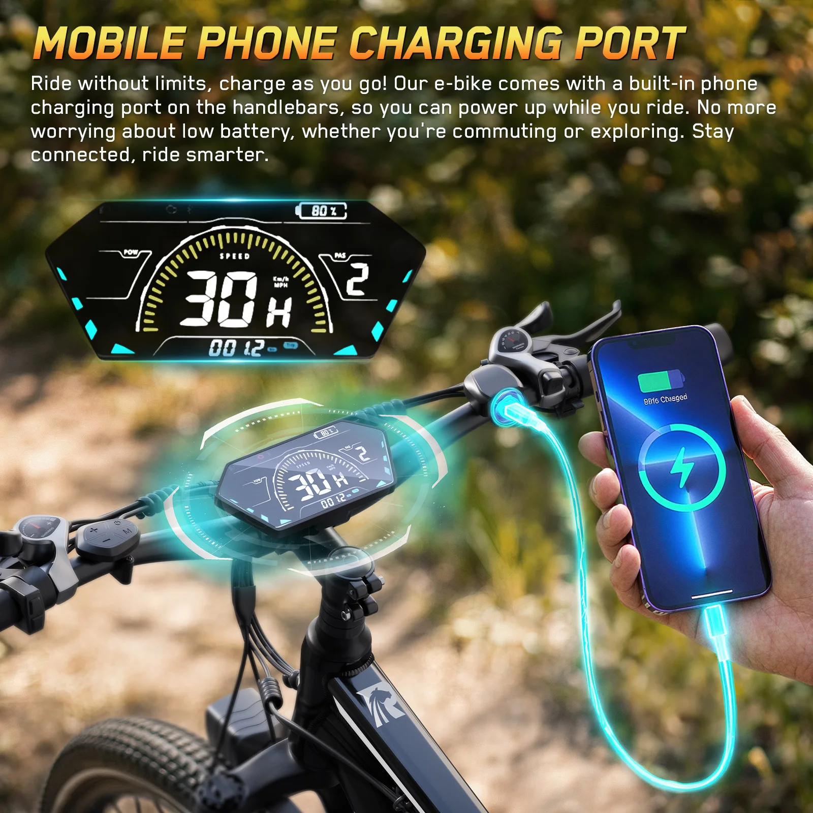 Bicicleta eléctrica 48V15Ah 750W, neumáticos de 29 pulgadas, 21 velocidades, velocidad máxima 50 km/h, puerto de carga para teléfono móvil, para uso urbano y montaña, con aplicación inteligente, cuadro trasero triangular de aluminio, pantalla de color tipo diamante, bicicleta eléctrica.