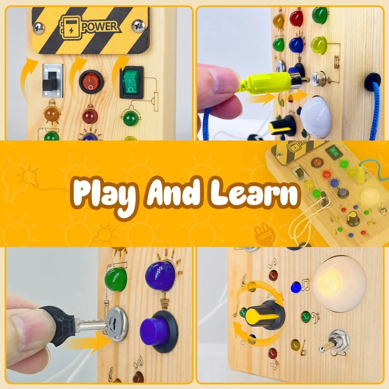 Montessori Placa ocupada de madeira com luz LED, brinquedos educativos sensoriais para crianças, brinquedo interruptor, 1-3Y