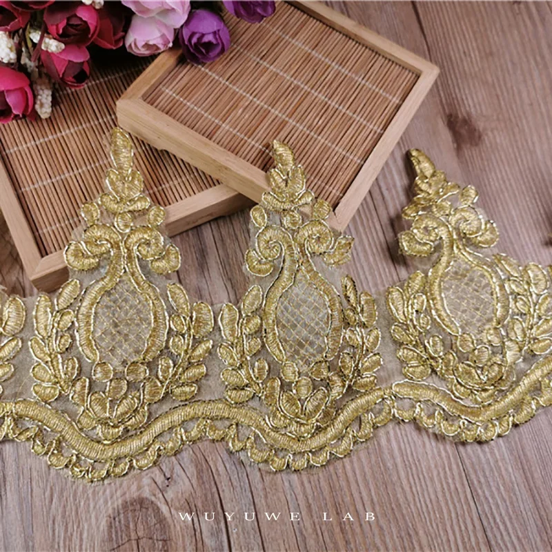 1Yard Gold Line Flower Mesh Lace Fabric Trims For Sewing Lace Applique Handmade Craft for Wedding Dec Pineapple Shape 12cm Width