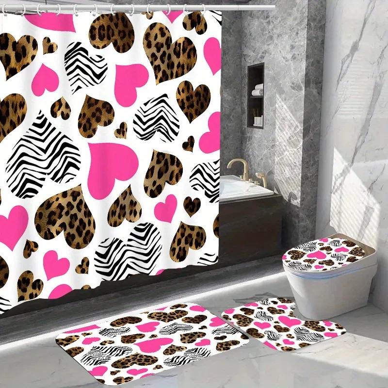 4pcs Love Printed Shower Curtain Set, Waterproof Bathroom Partition Curtain With Hooks, Non-Slip Bath Rug, Toilet U-Shape Mat,