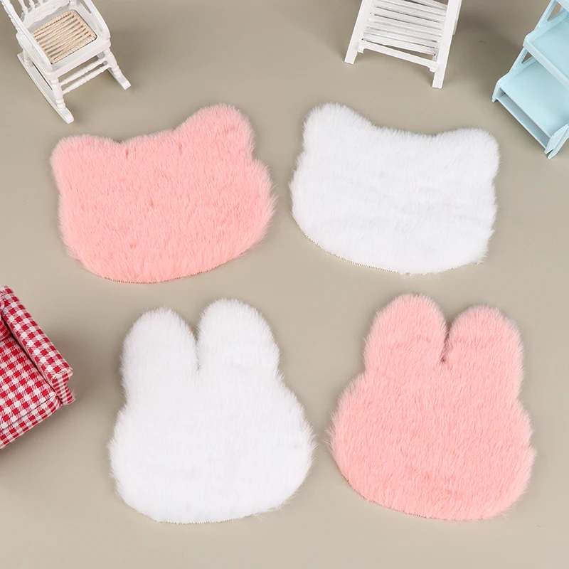 

1:12 Dollhouse Miniature Pink White Plush Blanket Cute Rabbit Carpet DIY Dolls House Bedroom Living Room Life Scene Decor