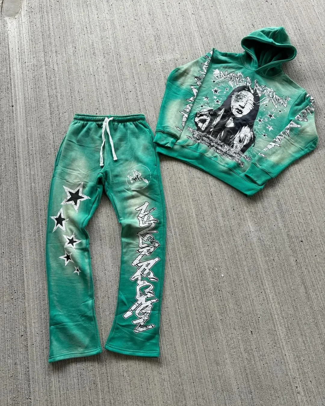 Koyu baskı kazak Suit Goth iki parçalı Sweatpants seti kadın tişörtü rahat gevşek takım Hoodie Harajuku yüksek sokak Y2k