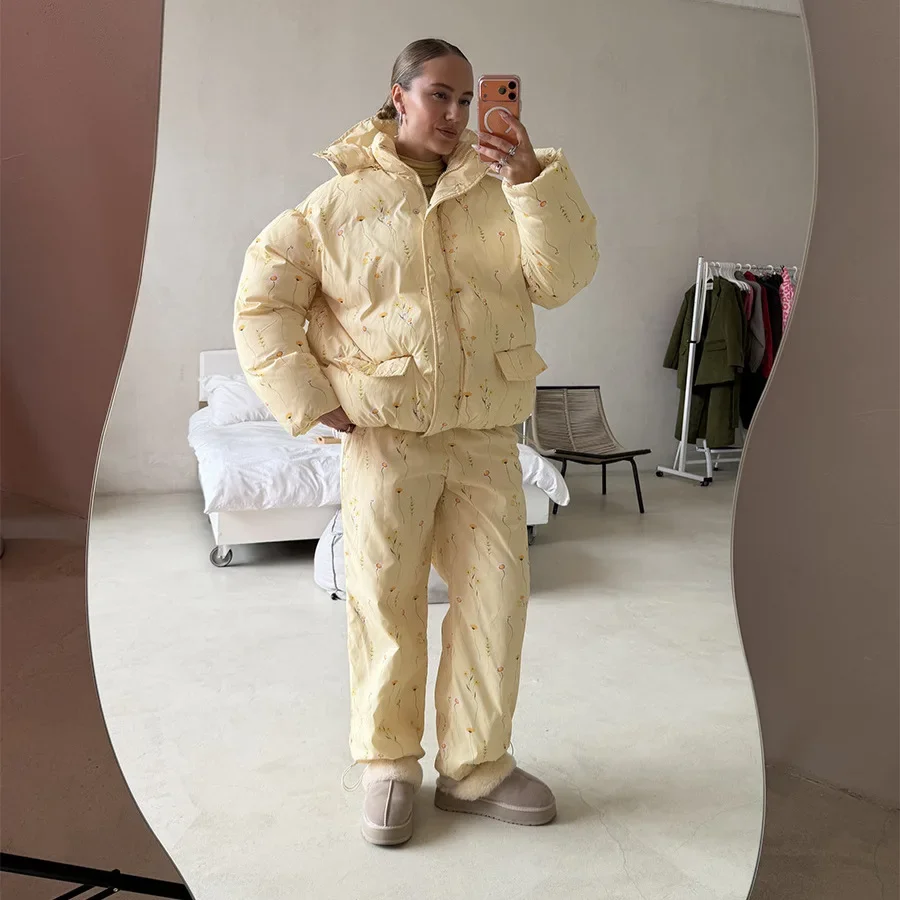 Padded Jacket And Pants Set For Women Hooded Drawstring Floral Print Long Sleeve Loose Fit Winter Tracksuit