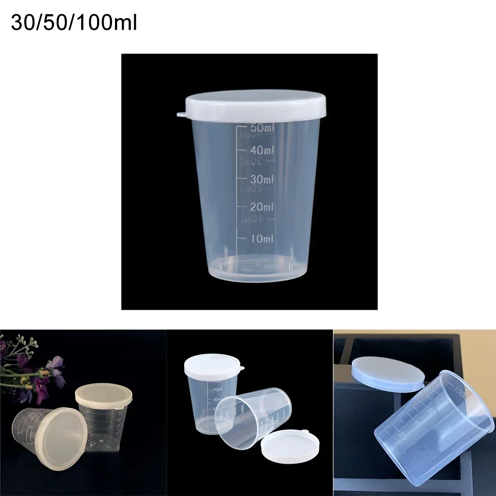 Taza medidora de 10 piezas con tapa, vaso medidor graduado de plástico transparente, 30/50/100ml, utilizado en cocina o laboratorio