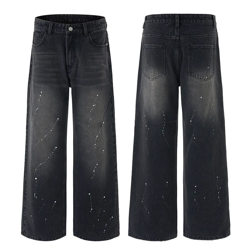 

2025 American-style retro distressed washed inkblot jeans - perfect for both men and women, loose and straight fit, long length