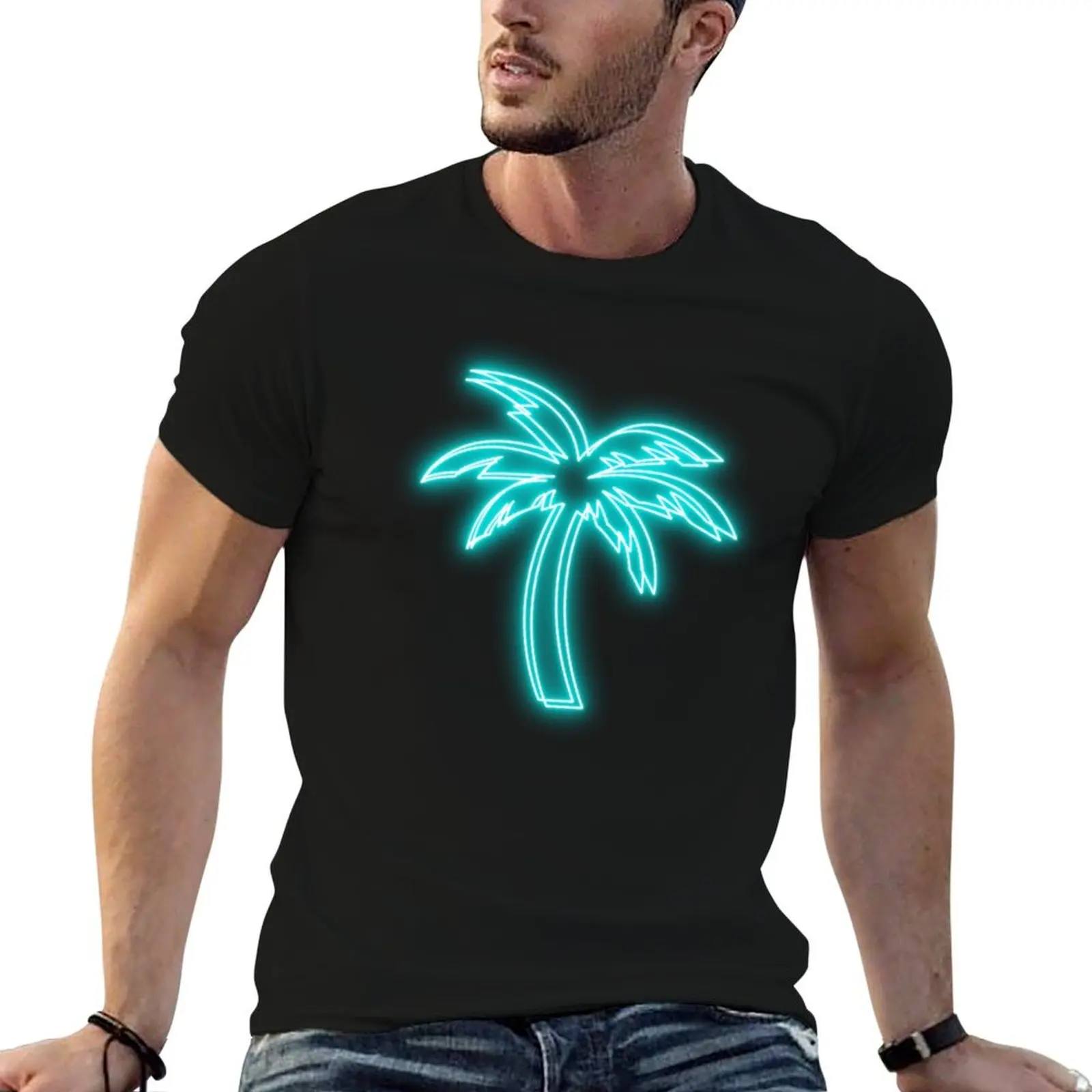 Cyan Blue Retro Vaporwave Palm Trees T-Shirt cute clothes blanks essential t shirt T-shirts for men cotton