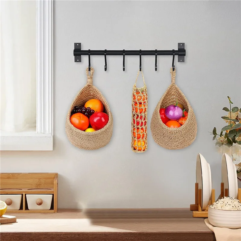 

ELEG-5 PCS Hanging Kitchen Storage Basket Set Brown Wall Hanging Fruit Baskets Pantry Organizer Vegetable Keeper With 5 Hooks