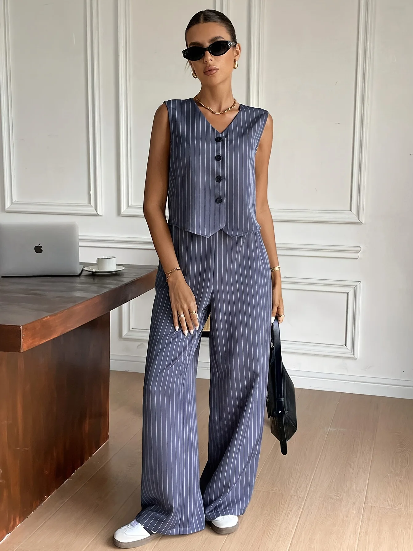 

Summer Stripes Vest Pant Sets For Women 2025 Fashion Button V Neck Top High Waist Trousers Office Suit Lady Two-piece Set New
