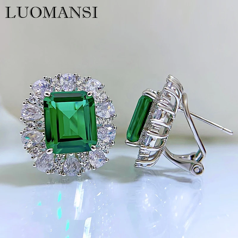 Luomansi 9*11MM Emerald High Carbon Diamond Ear Clip Women S925 Silver Jewelry Wedding Party Commemorative Gift