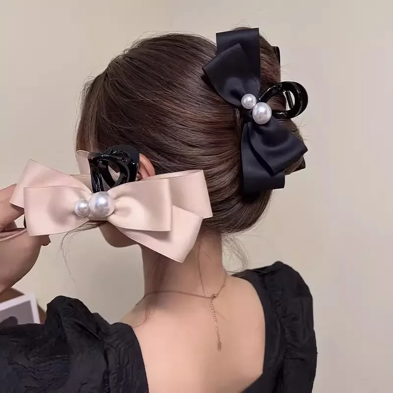 Exquisito lazo grande con perlas, Clip grande y elegante con cola de caballo de cangrejo, pinza trenzada, accesorios para el cabello para chica