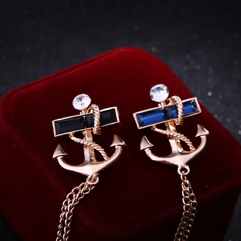 ​ASLSAW 1pc Korean Naval Wind Crystal Drill Anchor Brooch Men's Tide Personality Tassel Chain Badge Female Suit Accessories Pins