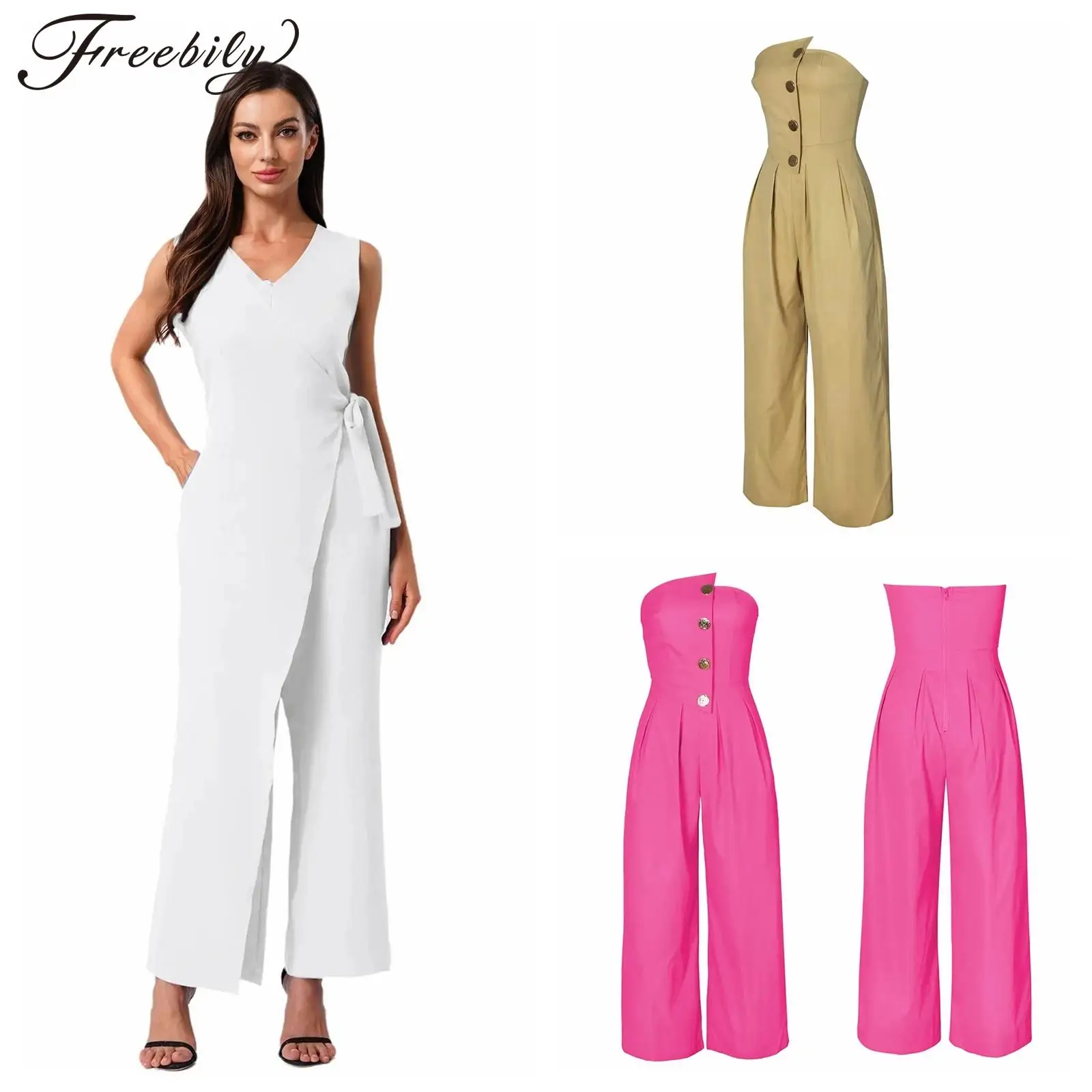 

Women Commute Outfits Sleeveless Clothes Strapless Tube Jumpsuit Rompers High Waist Jumpsuits Summer Party Wide Leg Trousers