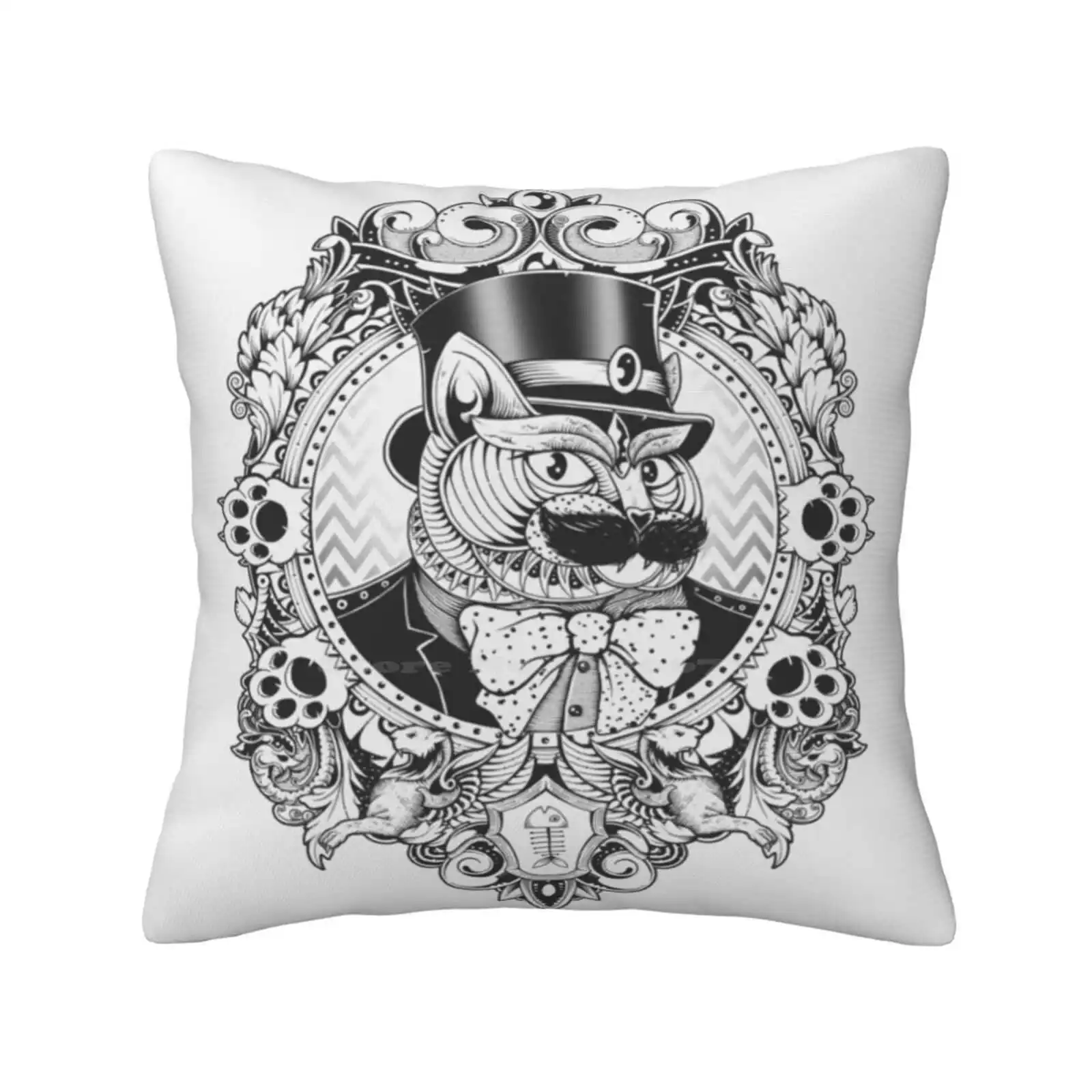 Hipster Mustache Cat Home Sofa Car Waist Throw Pillowcase Fancy Cat Tattoo Framed Victorian Paws Mustache Gentleman Ornate Cat