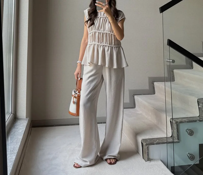 

Женские комплекты брюк, плиссированные повседневные удобные однотонные комплекты без рукавов с длинными брюками, новинка лета 2024, женские брюки, наряды