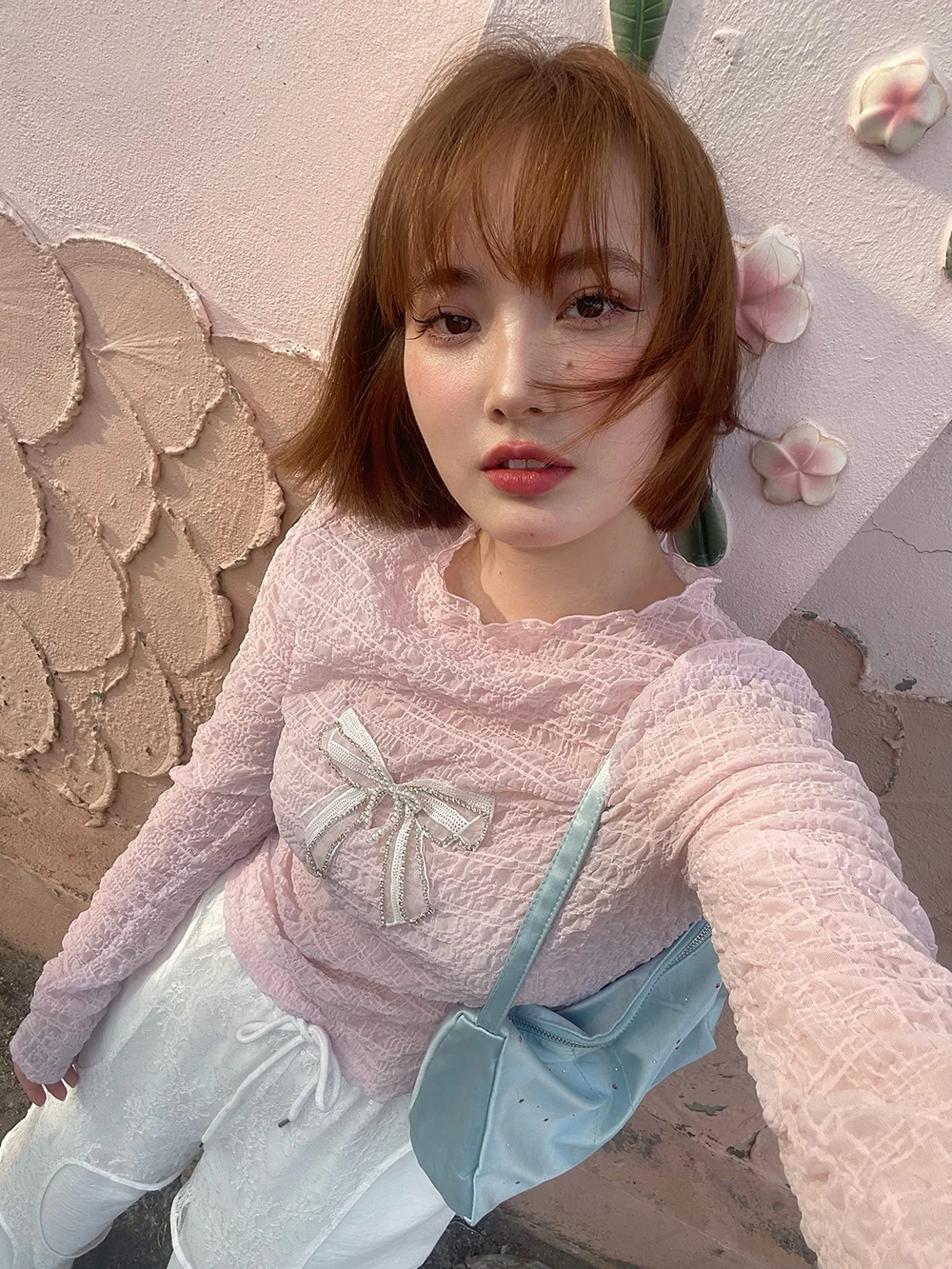 

Free People Little Cro Pink Transparent Long Sve Wrinkled Hollow Knot Slim Base Layer Women's Lace irt