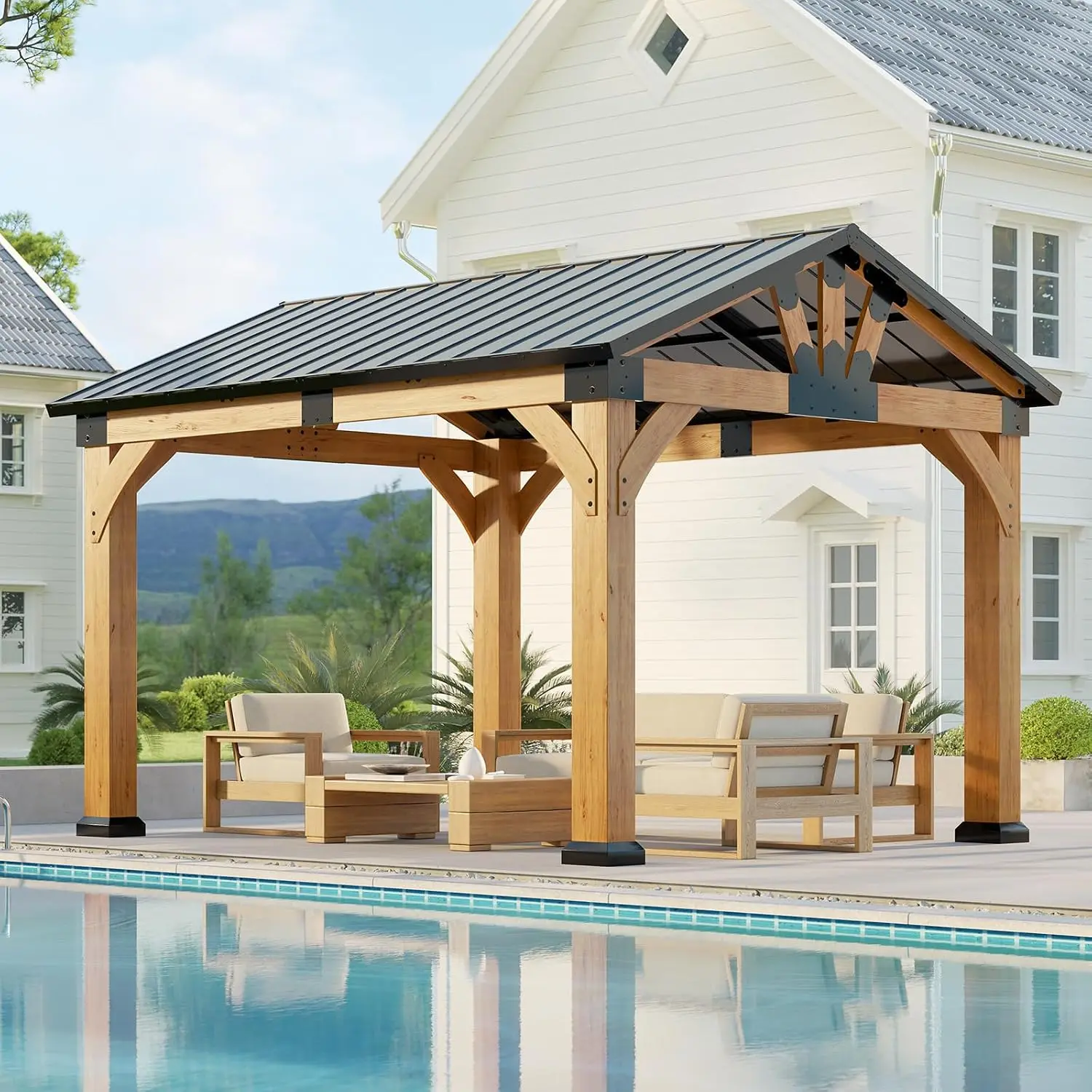 10x12 ft Ceder Wood Gazebo, Hardtop Gazebo with Galvanized Steel Peak Roof, Custom view 3