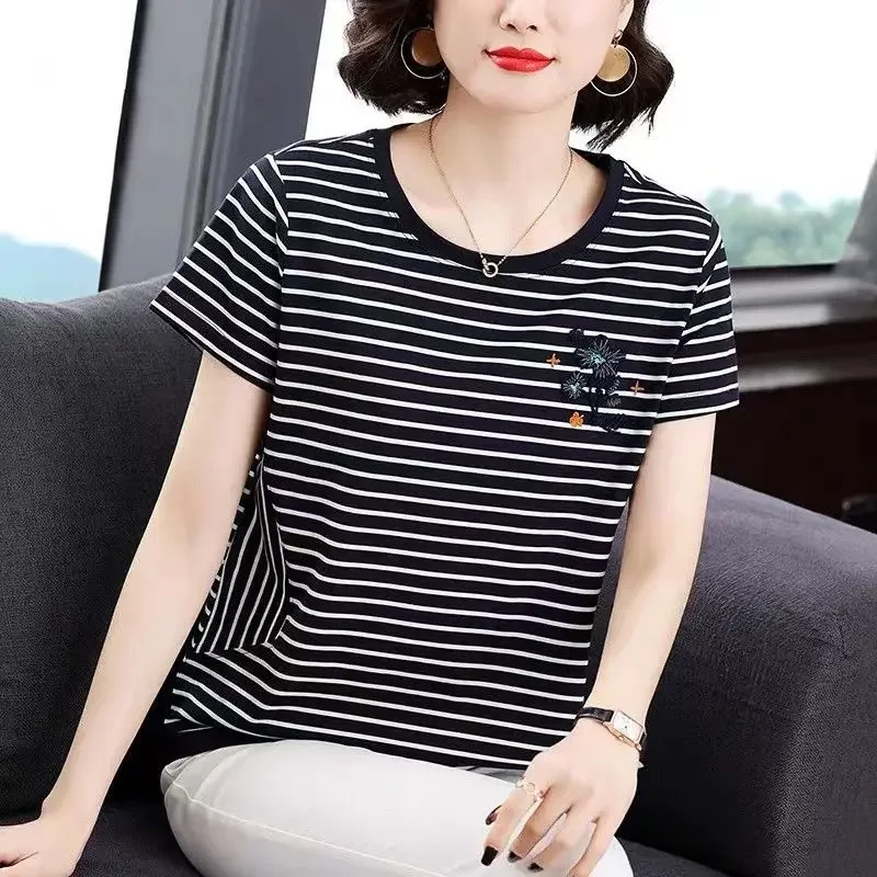 

Female Clothing Striped Short Sleeve Women's Tee T-shirt Loose 2023 Summer New Round Neck Large Embroidery Casual Fashion Top