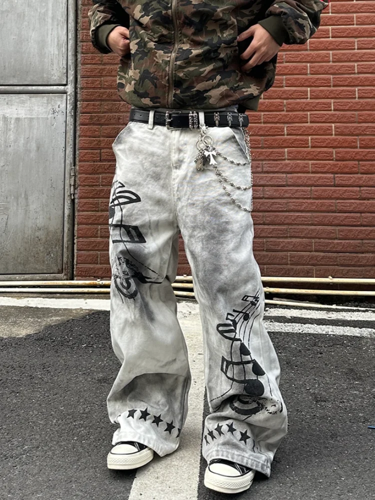 2026 American Retro Y2K Style Dirty Washed White Baggy Jeans Pants For Men Clothing Star Printed Straight Cotton Long Trousers view 3