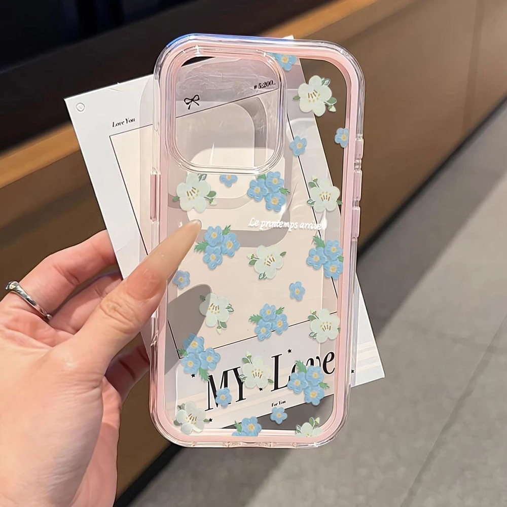 Korean Blue White Flower Phone Case For Samsung Galaxy A57 A07 5G S25 S24 Plus S26 S25 S24 Ultra FE Transparent SIlicone Cover