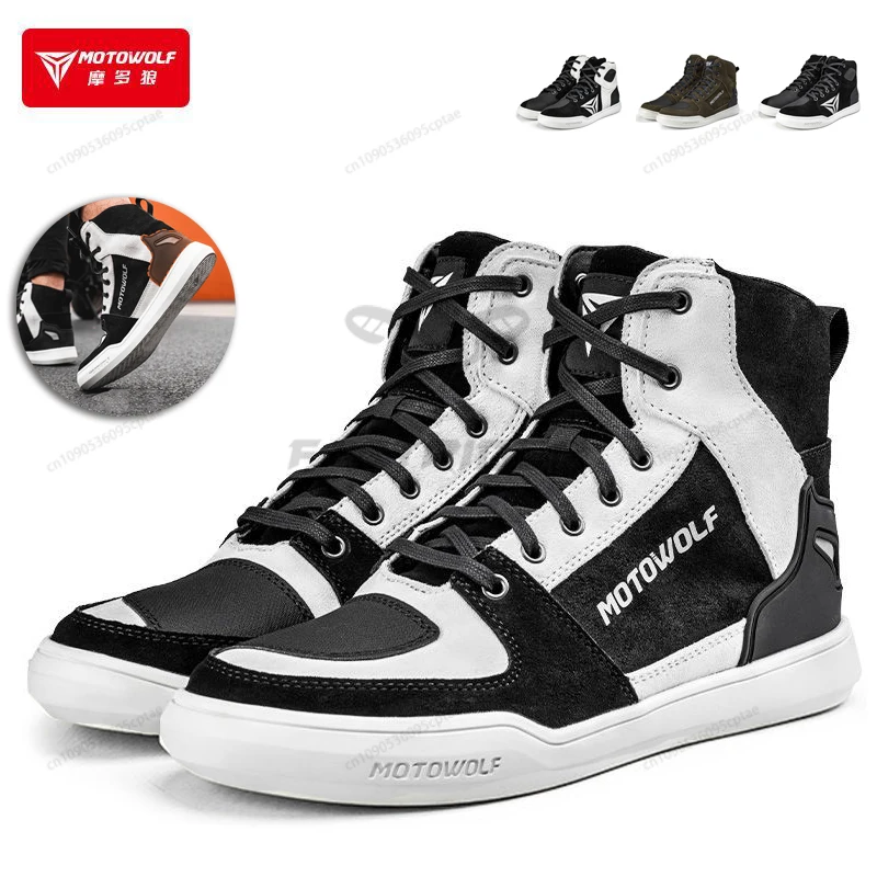 

MOTOWOLF Leather Motorcycle Boots Men Anti-slip Sole Ankle Guard Breathable Non-slip Anti-fall Reflective Motorbike Shoes