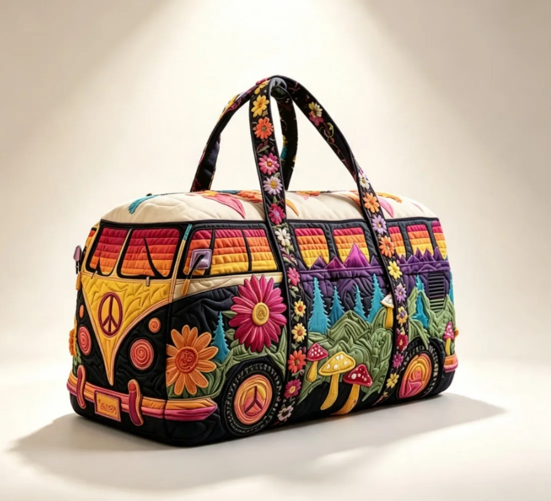 Quilted Hippie Bus Duffle Bag, Colorful Floral Mushroom Peace Sign Travel Weekender Overnight Bag for Women