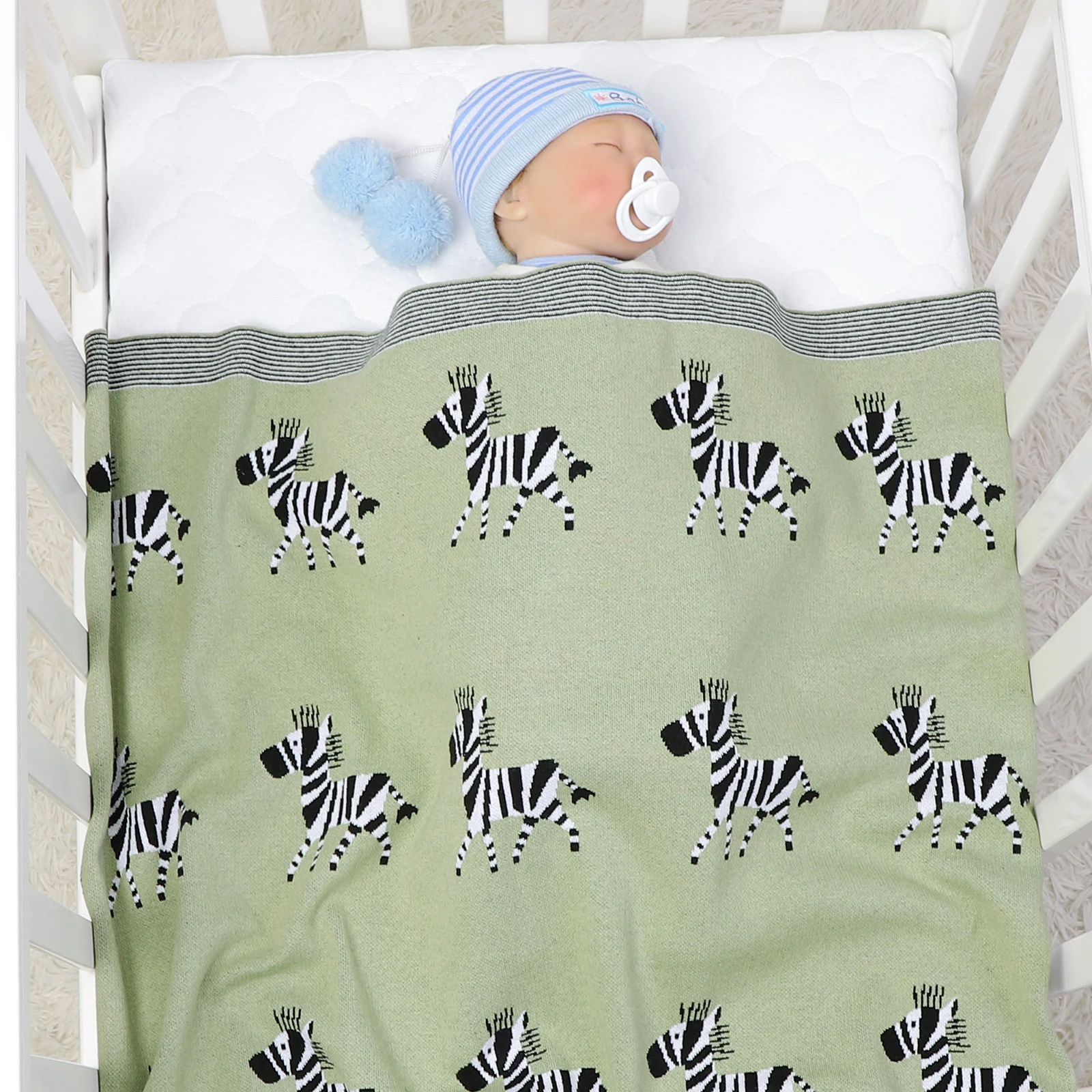 Selimut bayi baru lahir, kereta dorong rajut 100% katun, Super lembut, tempat tidur kotak-kotak kartun Zebra 100*80CM