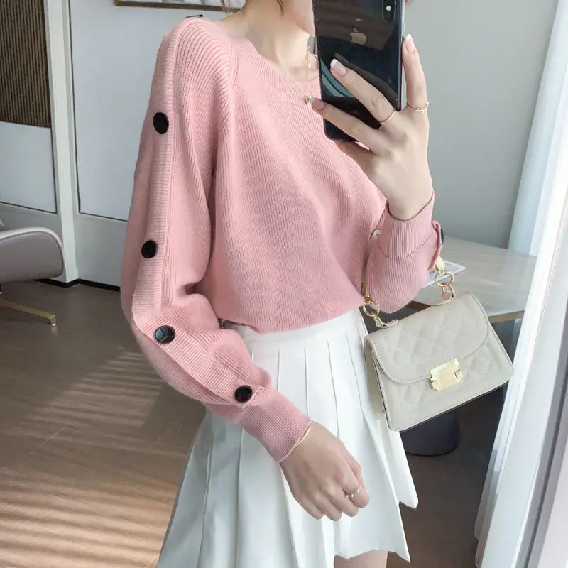 Pink Colour Knitting Pullover Long Sleeve Sweet Preppy Style O-Neck Batwing Sleeve Black Button Lazy Wind Sweaters Women Wild