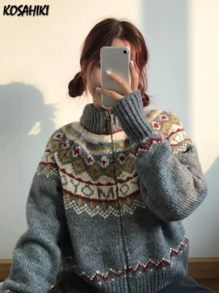 Jacquard Sweet Christmas Vintage Cardigans Women Harajuku Zipper Grunge Sweaters Loose Streetwear Knitted Coats Y2k Aesthetic