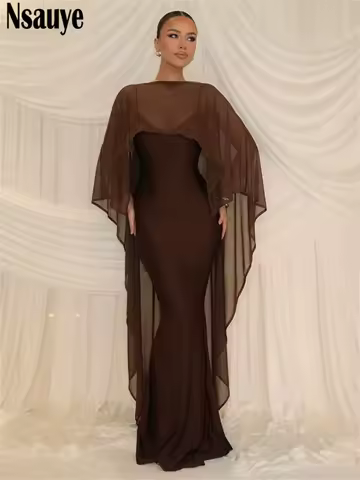 Nsauye Elegant Evening Birthday Party Women Chic Fashion Long Mesh Shawl Dress Maxi Night Club Brown Bodycon Summer Dress 2026