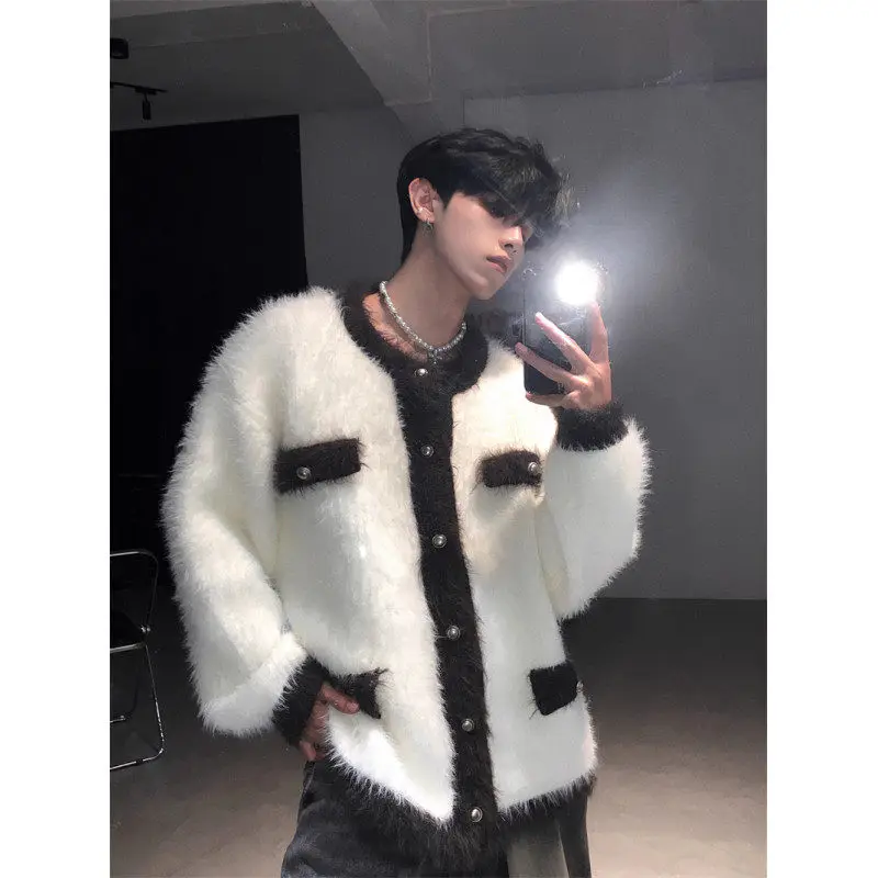 

Мужской вязаный свитер свободного кроя с круглым вырезом, модный, в стиле колор-блок, с отделкой из меха норки, осенне-зимняя коллекция