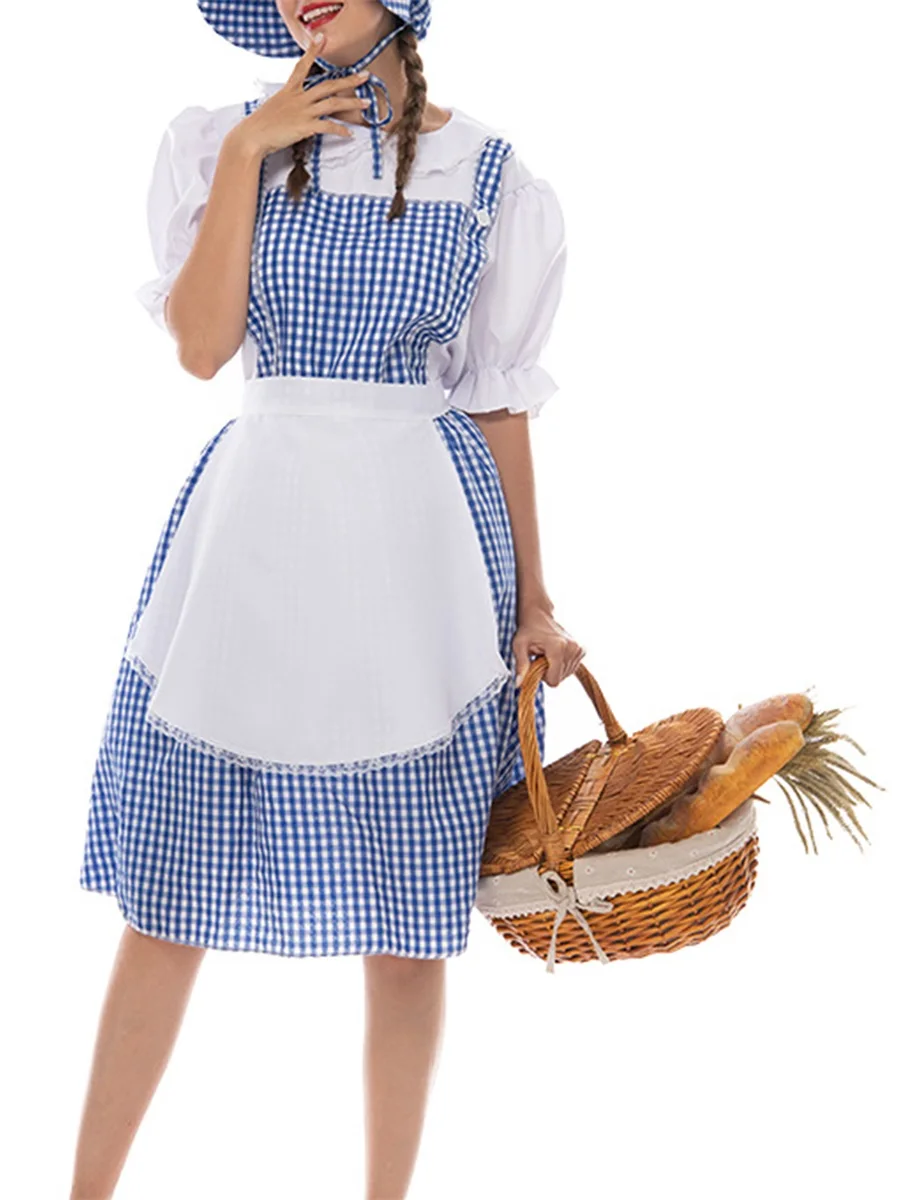 Women Halloween Fairytale Costume Plaid Print Short Sleeves Dress Aprons and Bonnets Hat Set for Cosplay Party Outfits