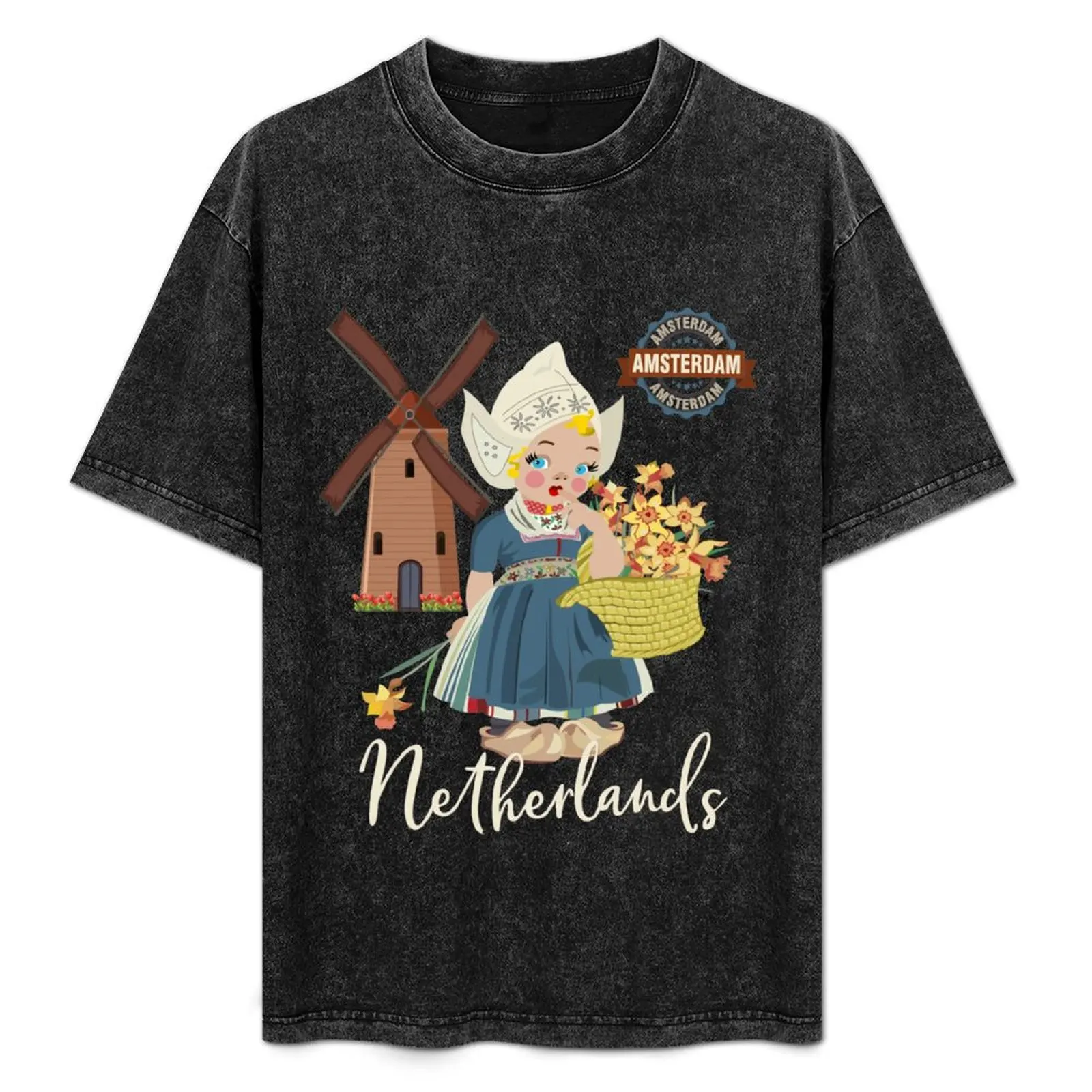 

Amsterdam Netherlands (Holland) Vintage Style Dutch Girl T-Shirt Holiday Simple Tee Shirt