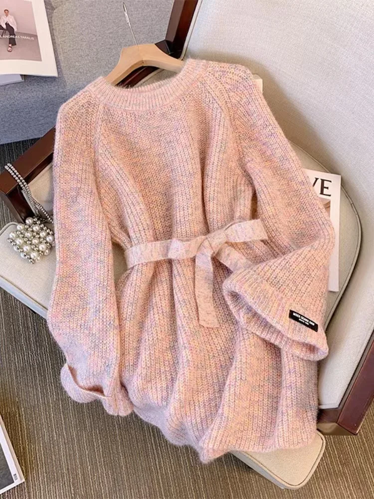 

Autumn Winter Knitted Dresses Women Temperament Elegant O Neck Long Sleeve Bowknot Leace-up Pullover Knitwear Mini Dress Female
