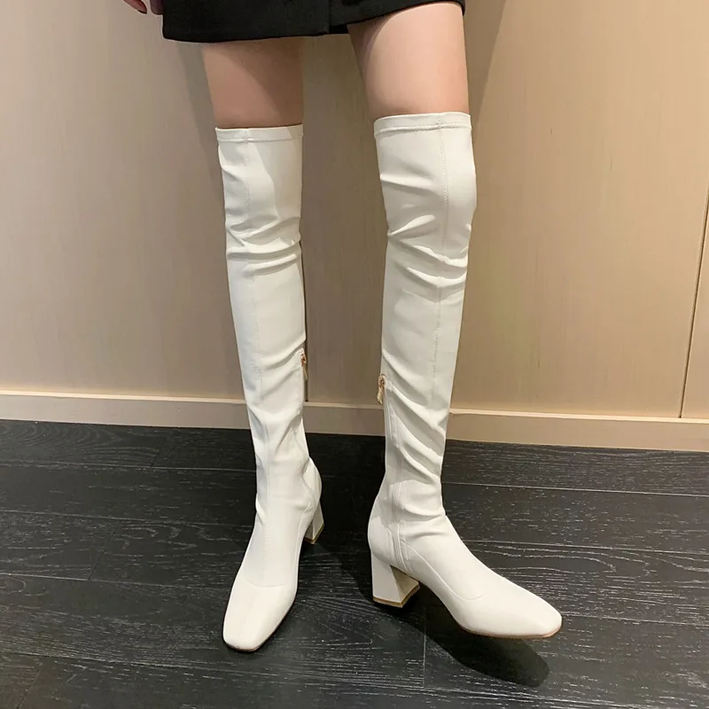 

Women's great pu leather side zip slip-on autumn over the knee boots square toe slim sexy ladies thigh high long boots shoes hot