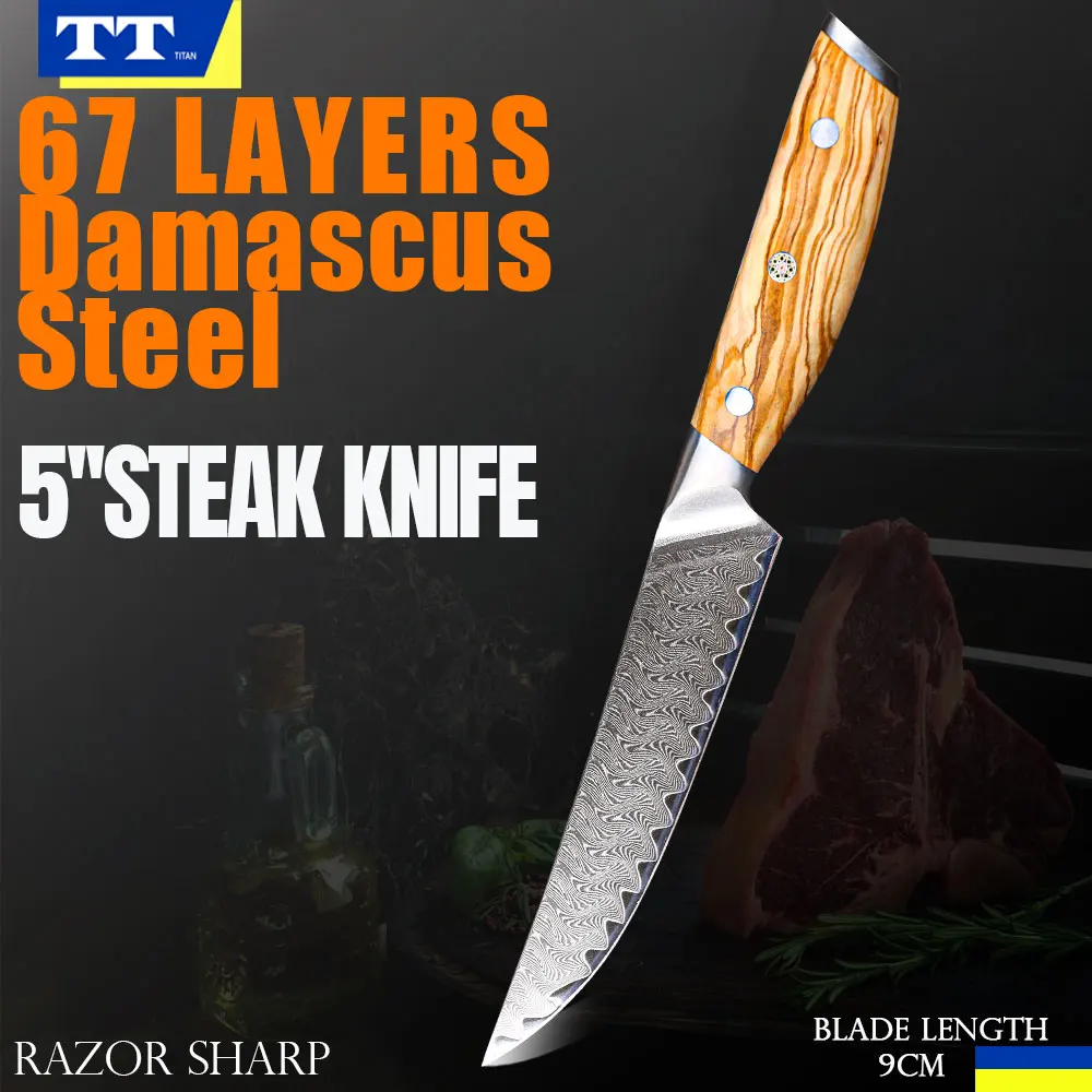 

5'' Japanese 73-Layer Damascus Steel Steak Knife - Sharp Blade for Lamb Chops, Pork & Fruit Peeling, Olive Wood Handle