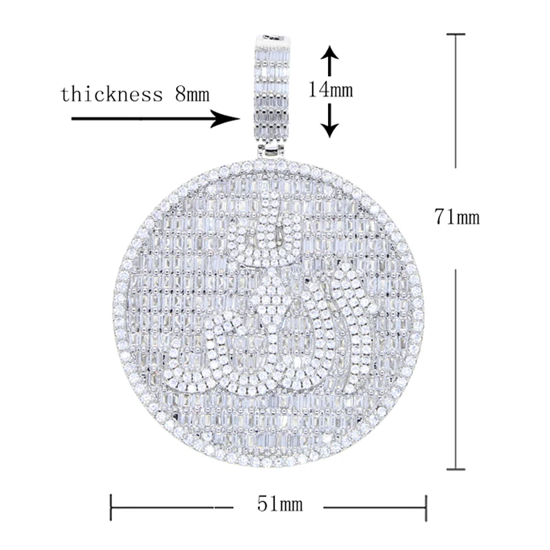 New Iced Out Bling Muslims Allah Pendant Necklace Silver Color Pave Zircon Rectangle CZ Round Charm Women Men Hip Hop Jewelry