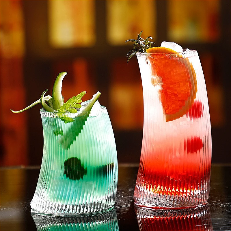 

11.2oz/17.2oz Creative Beverage Cup Striped Glass Cup Crescent Shaped Wine Glass Transparent Juice Tea Mugs Party Cocktail Glass