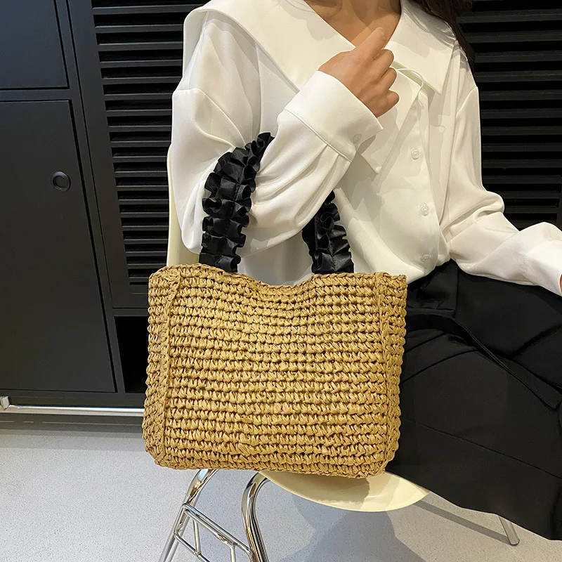 Ruched Handle Straw Bag Bohemian Woven Bags for Women Purses and Handbags Paper Rope Beach Bag Shoulder Bags Small Shopper Tote