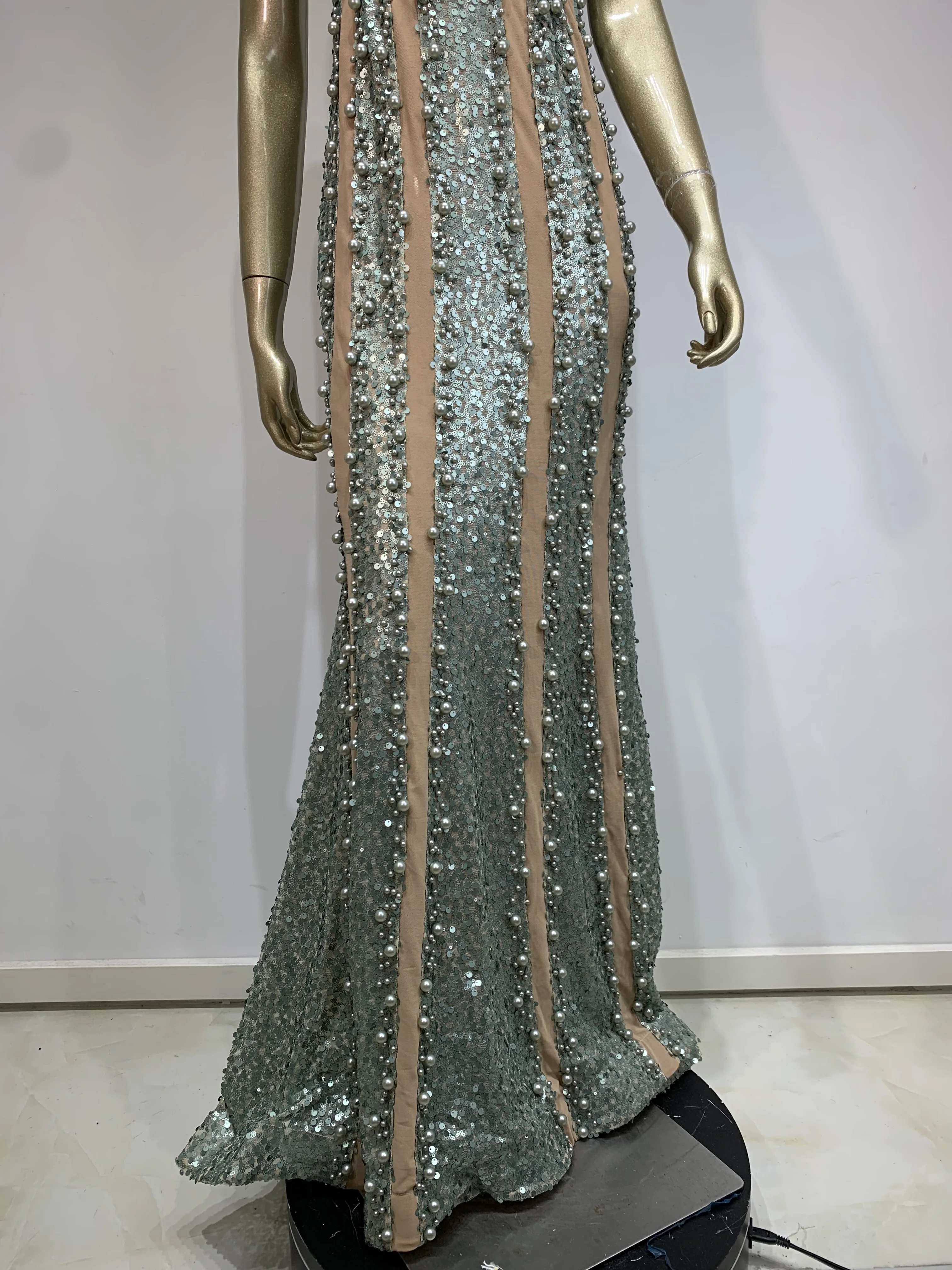 Women Celebrity Sexy Pearl Sequins Mesh Maxi Long Green Dress 2024 Elegant Party Evening Stage Performance Dress Vestido