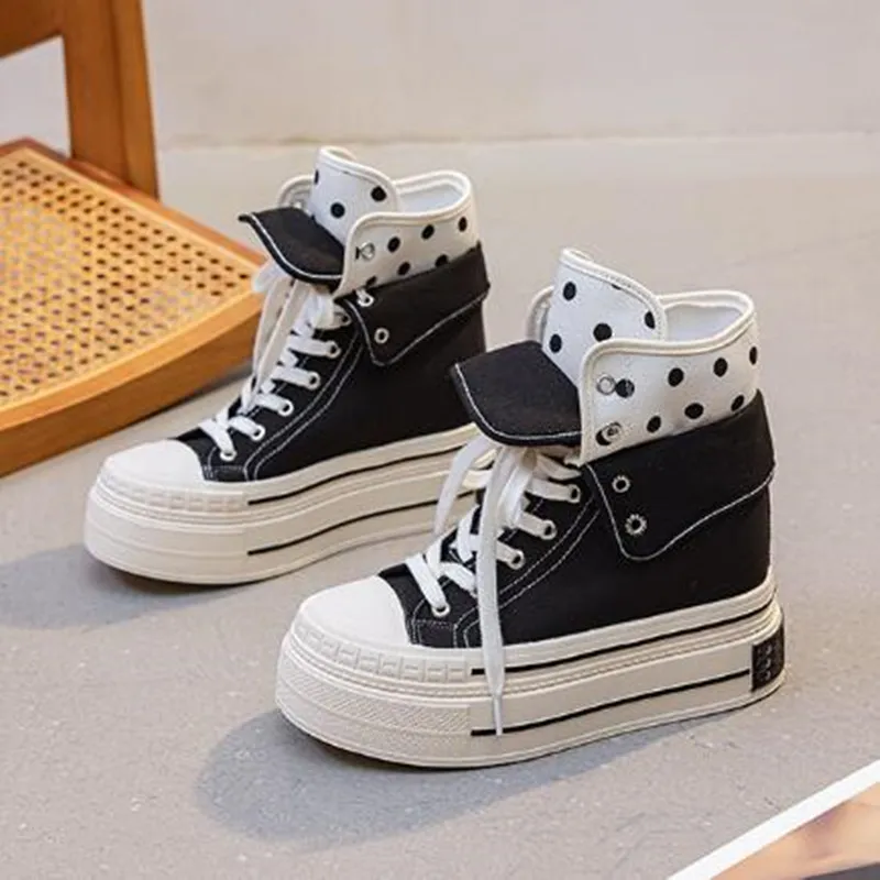Brand Fresh Women Canvas Shoes High Top Female Students School Black Sneakers Middle Cut Comforable 2026 New Autumn Casual Shoes