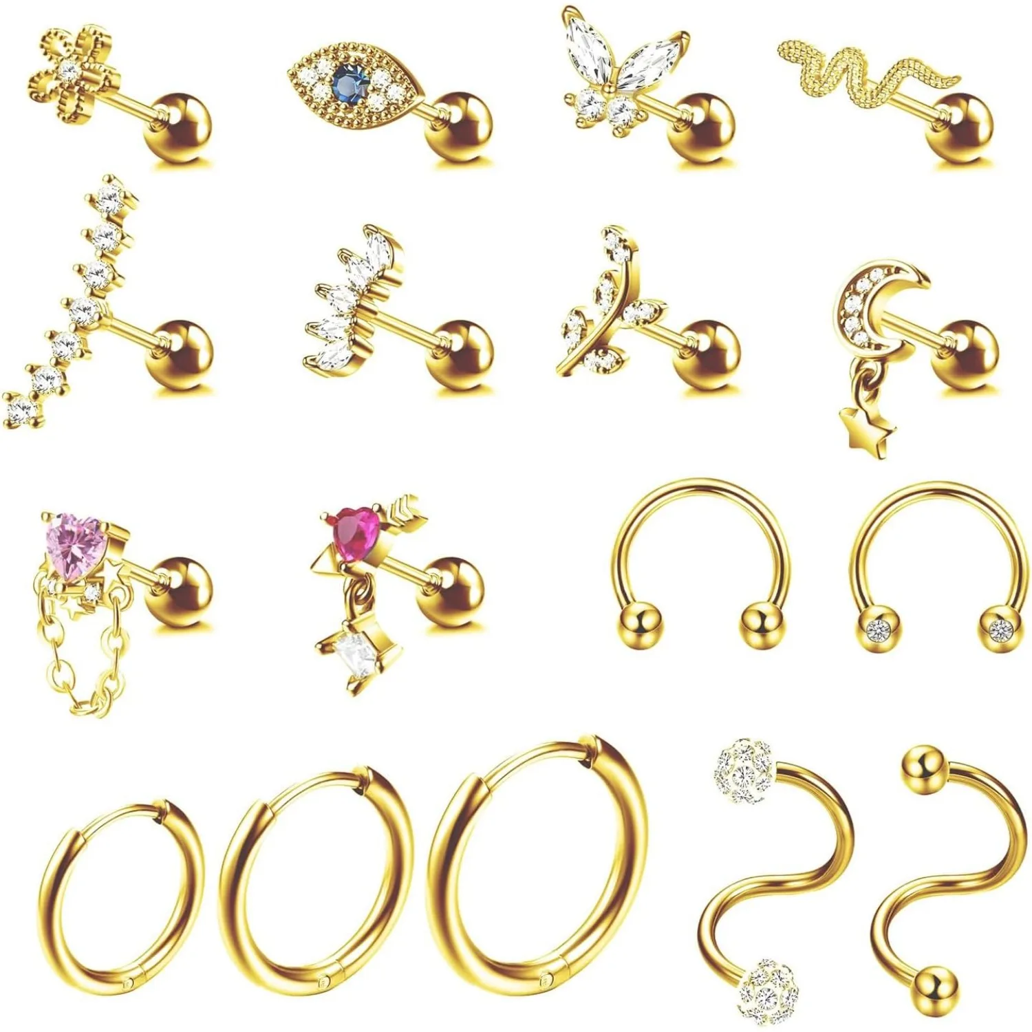 ORAZIO 17Pcs Gold Plated Zircon Stainless Steel Piercing Earrings Screw Back Stud Hoop Jewelry Helix Tragus Cartilage Nose Women