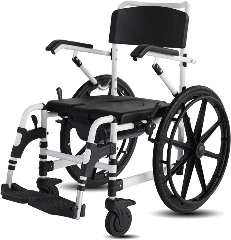 Black Folding Shower Commode Wheelchair Beside Commode Chair With Padded Seat Waterproof Rolling Shower Chair With Armrests